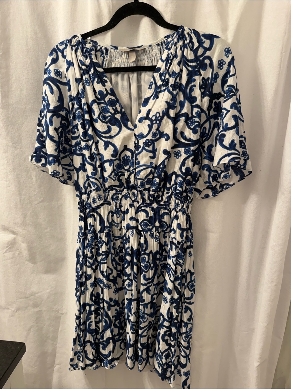 H&M White Dress with Navy Floral Scroll Print